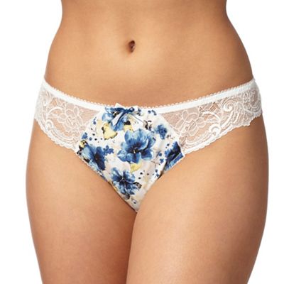 White and blue floral print Brazilian briefs